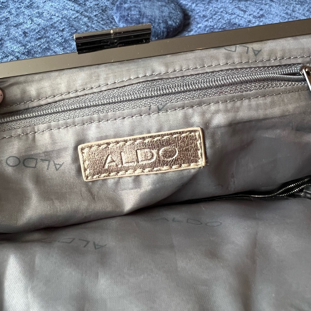 Aldo Metallic Silver-Gold Folded Clutch Gunmetal Herringbone Chain - Picture 6 of 9